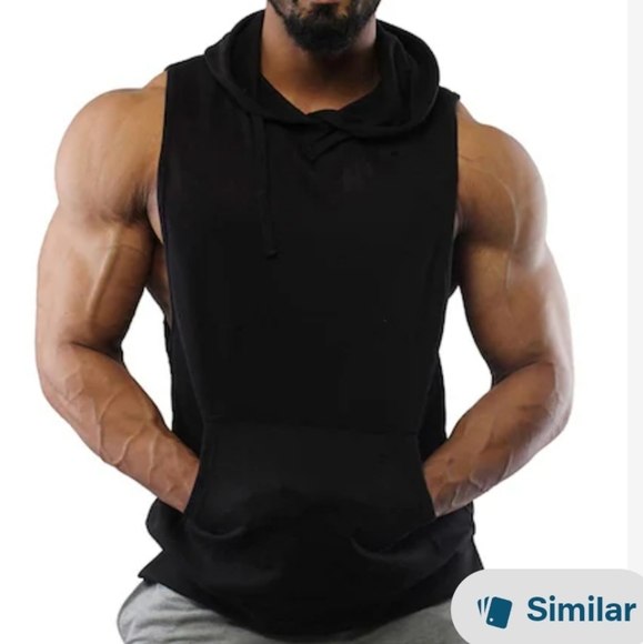 Black Sleeveless Compression Hoodie Hip-hop Workout Shirt Men's Size Large - Picture 1 of 8